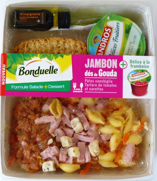 JAMBON DÈS DE GOUDA, PÂTES CONCHIGLIE, TARTARE DE TOMATES ET CAROTTES + DÉLICE A LA FRAMBOISE
