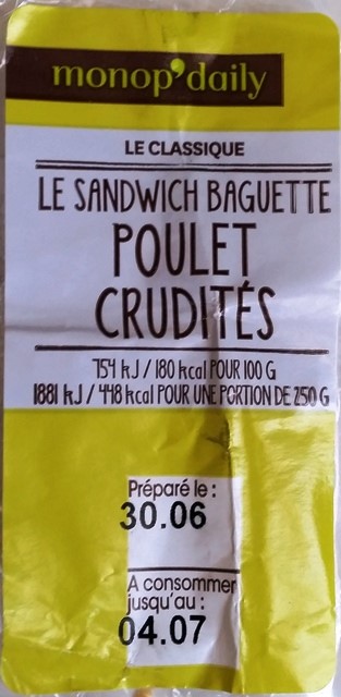 LE SANDWICH BAGUETTE POULET CRUDITÉS 250g