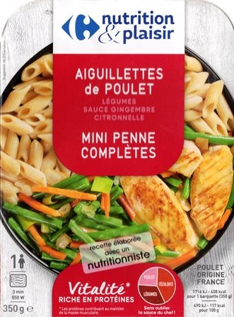 AIGUILLETTES DE POULET, LÉGUMES SAUCE GINGEMBRE CITRONNELLE, MINI PENNE COMPLÈTES 350g