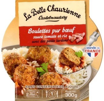 BOULETTES DE BŒUF SAUCE TOMATE ET RIZ AVEC DES PETITS LARDONS 300g